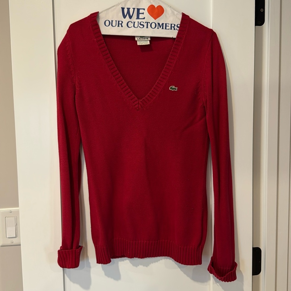 Red Lacoste v-neck sweater